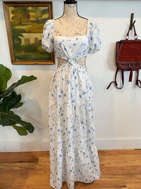 Floral Cutout Maxi Dress - White with Blue Floral